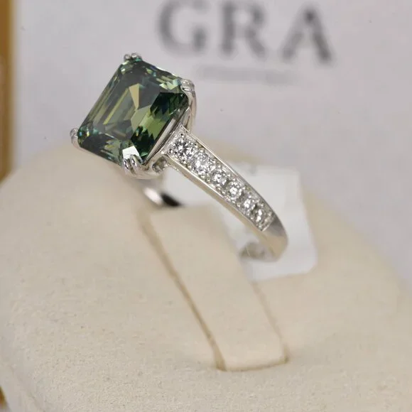 Certified 4ct Blue Green Emerald Cut Moissanite Engagement Ring 925 Sterling - Picture 5 of 10